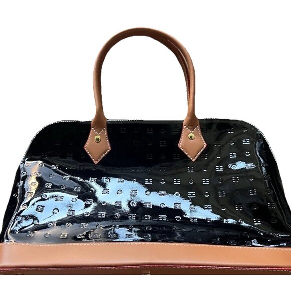ARCADIA Italy Black Patent & Tan Leather Large Shoulder Handbag Purse Satchel - Picture 1 of 16
